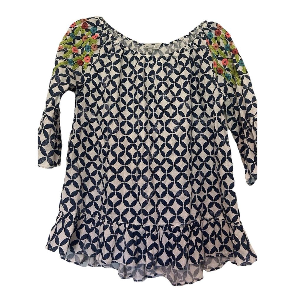 John Mark Linen Size Small‎ Top Blue White Embroidered Off the Shoulder Blouse